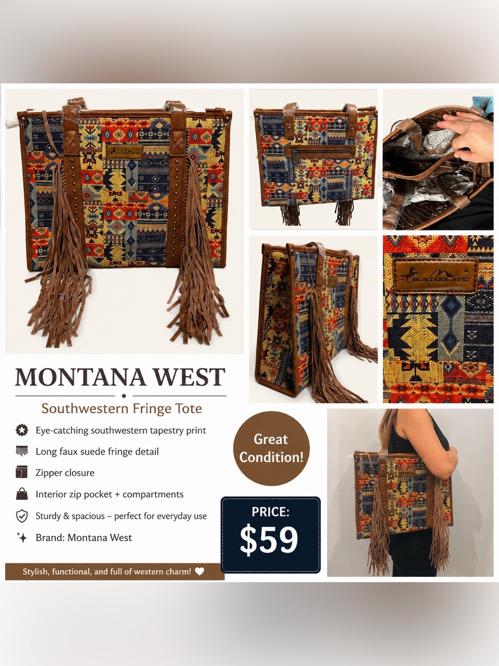 Montana West Brown Multicolor Southwestern Fringe Tote
